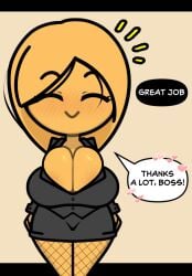 ^_^ black_jacket black_skirt blush breasts bursting_breasts cleavage closed_eyes closed_mouth clothing colored_skin english_language english_text facing_viewer female fishnet_legwear fishnet_pantyhose fishnets heart huge_breasts ivy_(dsand) jacket large_breasts miniskirt my_ghost_friend notice_lines office_lady orange_hair orange_skin pantyhose pencil_skirt shirt skirt skirt_suit smile solo steca text thelazyart yellow_skin