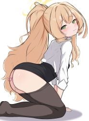 absurdres anal anal_object_insertion ass black_pantyhose black_skirt blonde_hair blue_archive closed_mouth commentary female from_side green_eyes high-waist_skirt highres kneeling long_hair long_sleeves looking_at_viewer microskirt object_insertion pantyhose pencil_skirt ponytail professor_niyaniya_(blue_archive) pussy_juice shirt simple_background skirt solo white_background white_shirt zhyseven
