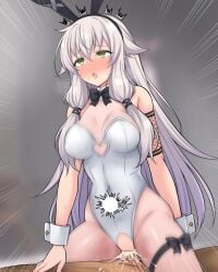 1boy :o alternate_costume altina_orion animal_ears black_bow black_bowtie blush bow bowtie breasts clothed_female_nude_male clothed_sex clothing_cutout cowboy_shot cowgirl_position cowgirl_position crotchless crotchless_leotard cum cum_in_pussy cum_overflow dot_nose eiyuu_densetsu emphasis_lines fake_animal_ears female gabao_(mattari_2019) green_eyes grey_background hand_on_another's_stomach heart_cutout jewelry leotard long_hair medium_breasts nude open_mouth penis playboy_bunny pussy see-through_pantyhose sen_no_kiseki_(series) sen_no_kiseki_ii sex simple_background straddling straight thighlet torogao trembling vaginal_penetration very_long_hair white_hair white_leotard wrist_cuffs
