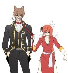 1boy 1girls after_sex aged_up angry bite_mark bite_marks blush breath brown_hair bun_cover china_dress collar dog_boy dog_ears female fully_clothed gintama hair_down hair_ornament heavy_breathing kagura_(gintama) kemonomimi leash leash_pull licking_lips long_hair male messy_hair muzzle_(object) official_alternate_costume okita_sougo orange_hair pelvic_curtain police_officer police_uniform red_eyes shinsengumi_(gintama) umm0_x