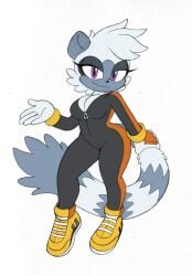 bedroom_eyes big_breasts black_bodysuit black_catsuit cleavage grey_muzzle hair_tuft hand_on_tail omegasunburst orange_stripes purple_eyes ringtail ringtailed_lemur silver_fur smirk smirking_at_viewer sonic_(series) sonic_the_hedgehog_(idw) sonic_the_hedgehog_(series) tangle_the_lemur thick_thighs two_tone_fur white_gloves wide_hips yellow_shoes yellow_wristband zipper zipper_jumpsuit zipper_pull_tab