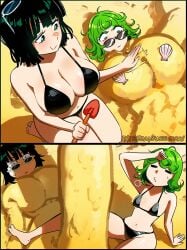 2girls beach bikini buried_in_sand clam_shell fake_penis fat_breasts female flat_belly flat_chested fubuki_(one-punch_man) large_breasts one-punch_man one_punch_man penis_shadow shovel sighing small_breasts snegovski tatsumaki tired