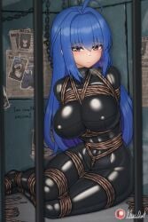 basement big_breasts blue_hair blush bondage captive collar heavy_breathing jail latex long_hair missing_poster plusout rope_bondage rubber_suit scared scared_expression sitting thighs