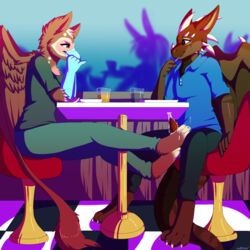 anthro avian barefoot clothed clothing cum cum_on_feet cumshot dragon duo_focus exhibitionism eye_contact female foot_fetish footjob group gryphon horn humanoid_penis hutchyy male orgasm pants penis public red_eyes red_penis restaurant scalie shirt sitting straight under_the_table wings