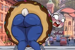 2024 3:2 anthro ass bent_over big_butt blush bottomwear clothed clothing dessert dialogue disney doughnut english_text european_rabbit female food judy_hopps lagomorph leporid mammal necroeddie oryctolagus pants pastry rabbit scut_tail short_tail signature solo stuck tail text thick_thighs tight_bottomwear tight_clothing tight_pants wide_eyed zootopia