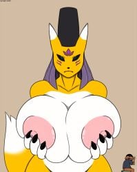 anthro bandai_namco big_breasts blue_eyes breasts canid canine digimon digimon_(species) duo female fox fur galmgaruda51 hi_res huge_breasts looking_at_viewer mammal nipples nude solo_focus standing taomon white_body white_fur yellow_body yellow_fur