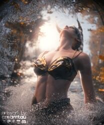 1girls 3d 3d_render baldur's_gate_3 black_hair braided_hair closed_eyes creamtau elf_female head_back lingerie navel pale-skinned_female partially_submerged pointy_ears river shadowheart water wet wet_body
