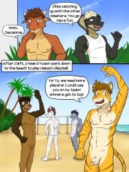 3:4 anthro ass athletic athletic_male balls beach bovid bovine canid canine canis casual_nudity cattle circumcised clothed clothing cobra comic competition deacon_(texnatsu) dialogue domestic_dog duo english_text felid feline flaccid fuze genitals group hand_on_chin hi_res male mammal narration net nipples outside penis percival_(texnatsu) reptile sand scalie sexual_competition shane_(texnatsu) shirt snake speech_bubble tank_top texnatsu text topwear ty_conrad volleyball_net white_clothing white_shirt white_tank_top white_topwear