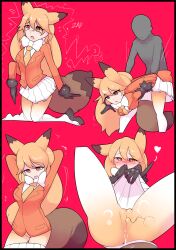 2020 absurd_res black_border blush border bottomwear bow_tie brown_ear_tips brown_markings camel_toe canid canine chinese_description clothed clothing clothing_transformation colored deflation dipstick_ears dipstick_tail duo ear_markings english_text faceless_character faceless_human faceless_male female female_humanoid footwear fox gloves hair handwear hi_res human human_to_humanoid humanoid inanimate_transformation kemono_friends kneeling leggings legwear looking_down_at_self low-angle_view lying male male_human mammal markings motion_lines multicolored_ears mxl necktie nude on_back open_mouth orange_eyes orange_hair penetration ranged_weapon raygun red_background red_fox red_fox_(kemono_friends) sex_toy sex_toy_in_pussy sex_toy_insertion shaded shoes simple_background skirt skirt_around_legs solo_focus species_transformation standing suit_jacket suit_transformation tail tail_markings text transformation transformation_sequence true_fox vaginal_penetration vaginal_penetration vibrator vibrator_in_pussy weapon