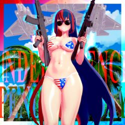 1girls 4th_of_july alear_(fire_emblem) alear_(fire_emblem)_(female) bikini blue_hair breasts double_gun dual_wielding dume female fire_emblem fire_emblem_engage gun independence_day koikatsu koikatsu_(medium) light-skinned_female light_skin long_hair machine_gun multicolored_hair nintendo red_hair sunglasses text