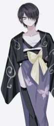 bags_under_eyes black_hair black_legwear black_thighhighs cleavage female female_only fully_clothed genderswap_(mtf) gintama green_eyes hair_over_one_eye haori japanese_clothes kimono looking_at_viewer n_e_g_aaaa obi pale-skinned_female pale_skin rule_63 sarashi short_hair side_slit solo takasugi_shinsuke thighhighs very_short_hair wide_hips