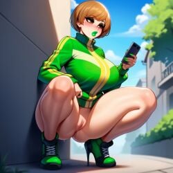 1girls adapted_costume ai_generated atlus big_breasts bimbo bimbo_body bimbofication bimbofied blush blush bottomless breasts colored_nails covered_breasts exhibitionism exhibitionist eyeshadow female high_heel_sneakers high_heeled_shoes high_heels holding_object holding_phone huge_breasts jacket jacket_only lipstick long_nails looking_at_phone makeup novelai persona persona_4 public public_exposure public_indecency pussy pussy_juice satonaka_chie sneakers solo solo_female sweat tented_shirt tgm101_(artist) thick_lips thick_thighs thin_waist wide_hips