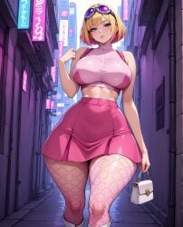 1girls abs ai_generated bimbo bimbofication blonde_hair crop_top ela_(rainbow_six) female handbag headwear high_heels short_hair skirt thick_thighs tight_clothing wide_hips