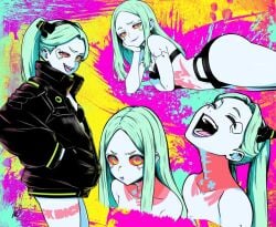 :t artificial_eye black_bra black_jacket black_panties bra breasts closed_eyes closed_mouth colored_sclera colored_skin colorful_background commentary cowboy_shot cropped_torso cyberpunk_(series) cyberpunk_edgerunners elbow_rest english_commentary female from_side green_hair hair_down hand_in_pocket hand_on_own_cheek hand_on_own_face head_rest highres jacket laughing leg_tattoo lipstick long_hair looking_at_viewer lughost lying makeup multiple_views neck_tattoo on_stomach open_mouth panties parted_hair pink_tattoo pout purple_lips raised_eyebrow rebecca_(cyberpunk) red_pupils red_sclera samurai_jacket_(cyberpunk) short_eyebrows small_breasts smile standing stomach_tattoo tattoo tongue tongue_out twintails underwear underwear_only uneven_eyes v-shaped_eyebrows white_skin