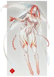 arthropod_girl arthropod_limbs border breasts completely_nude covered_eyes facing_viewer female finger_to_face full_body grey_background head_wings highres insect_girl insect_wings large_breasts mabo9317 moth_antennae moth_girl moth_wings navel no_nipples no_pussy nude open_mouth original outside_border solo tongue tongue_out white_border wings