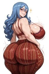 ai_generated back_view backboob bare_thighs big_ass big_butt blue_eyes blue_hair blush bra fairy_tail fat_ass forbidden_pants gigantic_ass gigantic_breasts huge_bra huge_breasts huge_thighs juvia_lockser light-skinned_female light_skin long_hair looking_back massive_ass massive_breasts smiling solo_female squatting sweat sweatdrop thick_body thick_female thick_thighs thighs voluptuous voluptuous_female yashugai