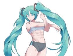 abs anime_girl blue_hair buff_female emmarrgus female hatsune_miku muscular muscular_female muscular_thighs six_pack sports_bra sports_shorts stretching toned_arms