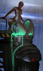 anal_sex brown_nipples buzz_cut dark-skinned_female dark_skin double_penetration exposed_breasts exposed_pussy futuristic goggles goggles_on_head goo green_slime hard_nipples legs_apart machine riding riding_tentacle shaved_head slime_(substance) small_breasts squatting steven_stahlberg tentacle_sex vaginal_penetration