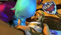 1boy 1girls 3d animated bed bedroom blonde_hair blue_eyes blue_hair blue_skin closed_eyes clothed_sex fellatio female fi gif hylian hylian_shield hyrule_warriors indoors link link_(hyrule_warriors) majora's_mask majora's_mask_(object) majoras_mask male mask master_sword nintendo ocarina ocarina_of_time ocarina_of_time_(instrument) open_mouth oral penis pointy_ears postman_(twilight_princess)_(cosplay) postman_link shield skyward_sword source_filmmaker sword_spirit the_legend_of_zelda timpossible