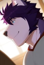 1boy abs after_class ai_generated anthro bara buff canine furry hunk male male_only muscular muscular_male pecs pecs_focus revealing tight_clothing tight_shirt visual_novel walter wolf