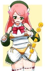 1girls apron arm_tattoo bare_shoulders beret bikini bikini_over_clothes blush border bowtie breasts clothed detached_sleeves dress frilled_apron frilled_dress frills gold_bikini gold_ribbon green_dress green_eyes green_hat hairclip hat headphones large_breasts long_hair maid maid_apron momone_momo open_mouth pink_hair red_bowtie ribbon saruyama_ushirou skindentation solo thighhighs thighs utau white_apron white_border white_thighhighs yellow_background