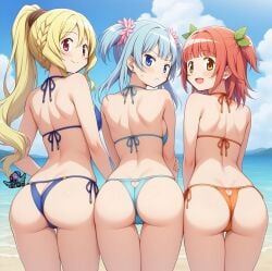 3girls ai_generated akino_kaede ass ass_focus beach blonde_hair blue_eyes blue_hair bubble_ass bubble_butt female female_focus female_only human human_only looking_at_viewer looking_back madoka_worship magia_record:_mahou_shoujo_madoka_magica_gaiden mahou_shoujo_madoka_magica minami_rena momoko_togame orange_eyes orange_hair outdoors outside ponytail puella_magi_madoka_magica purple_eyes red_eyes short_hair threesome togame_momoko twintails very_long_hair