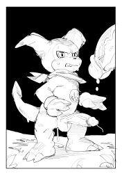 absurd_res anthro balls bandai_namco bodily_fluids cum cum_drip cum_in_ass cum_inside digimon digimon_(species) disembodied_penis dripping duo erection genital_fluids genitals hi_res impmon kerchief male male/male masshiro neckerchief neckwear orgasm penis vein veiny_penis