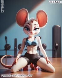 ai_generated anthro athletic_female baised bedroom_eyes gym legs_spread mouse_girl perky_breasts rat_girl sports_bra teenah_(oc) tiny yoga_pants
