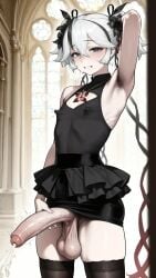 1femboy ai_generated black black_eyes black_flower black_skirt blake_bloom_(wuthering_waves) breasts camellya_(wuthering_waves) commentary croptop erect_nipples erection flower from_above futanari grey_hair hair_flower hair_ornament heart highres holding_penis intersex looking_at_viewer male pencil_skirt penis short_hair small_breasts tacet_mark_(wuthering_waves) tight_pencil_skirt uncensored veiny_penis wuthering_waves yuuki_snow