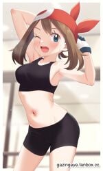 armpits arms_up bandana bare_arms bare_belly bare_legs bare_shoulders bare_thighs belly_button black_buruma black_sports_bra blue_eyes blush breasts brown_hair buruma collarbone gazing_eye gloves groin may_(pokemon) medium_breasts medium_hair one_eye_closed open_mouth pokemon sideboob sports_bra standing stretching sweat thighs twintails yawn