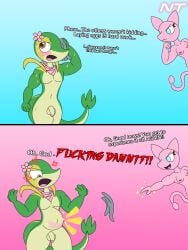 2koma angry anthro arms_out basil_ajagar belly blue_eyes blush bodily_fluids breasts brown_eyes cat_smile cross-popping_vein dialogue duo english_text eyelashes fan_character female floating generation_1_pokemon generation_5_pokemon genitals gesture green_body hand_gesture head_accessory head_flower hi_res humanoid_genitalia humanoid_penis kerchief legendary_pokemon looking_down magic magic_pregnancy magic_user male male/female mew_(pokemon) mostly_nude multicolored_body neckerchief neckwear ninjatreecko nintendo open_mouth penis pink_body pointing pointing_at_another pokemon pokemon_(species) pokemorph pregnant pregnant_anthro pregnant_male pubic_tattoo rag rapid_pregnancy reptile scalie scarf scarf_only snivy sparkles standing sweat tail tan_belly tattoo text yelling