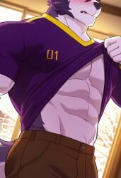 1boy abs after_class ai_generated anthro bara buff canine furry hunk male male_only muscular muscular_male revealing visual_novel walter wolf