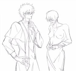 1boy 1girls alternate_costume breasts_out class_3-z cross_necklace eye_patch female genderswap_(mtf) gintama gintoki_sakata glasses hair_over_one_eye hand_on_hip looking_at_another male monochrome nipple_piercing no_bra nun priest rough_sketch rule_63 short_hair sketch takasugi_shinsuke undressing zhmenr