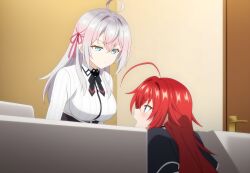 2girls ahoge ai_generated alisa_mikhailovna_kujou big_breasts blue_eyes blue_green_eyes blush crimson_hair_female crossed_bangs crossover crossover_ship crossover_shipping demon_girl female females_only hair_ribbon high_school_dxd huge_ahoge interspecies lesbians light-skinned_female long_hair_female looking_at_another loose_hair lovehuwu milky_white_skin open_mouth red_ribbon rias_gremory russian_girl schoolgirl_uniform schoolgirls silver_hair_female tokidoki_bosotto_russian_de_dereru_tonari_no_alya-san very_long_hair_female yuri