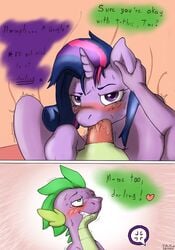 alicorn anger_vein blush dialogue dragon ear_grab english_text equine female feral friendship_is_magic horn horse i_am_nude male mammal my_little_pony oral penis scalie sex speech_bubble spike_(mlp) straight sucking sweat text twilight_sparkle_(mlp) wet wings