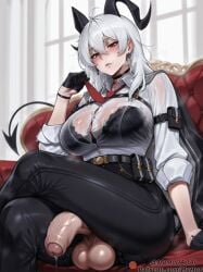 1futa ahoge ai_generated black_bra black_gloves bra_visible_through_clothes breasts crossed_legs demon_tail earrings foreskin futanari horns momodart penis precum red_eyes silver_hair sitting stable_diffusion tagme wuthering_waves zani_(wuthering_waves)