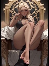 1girls ai_generated ai_voice_acted alternate_costume animated blonde_hair blue_eyes dark-skinned_female detached_sleeves disney elsa_(frozen) feet frozen_(film) huge_breasts latex queen sinfullynsfw spread_legs tagme video