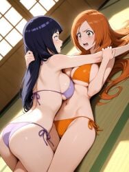 2girls ai_generated ai_text big_breasts bikini bleach breasts catfight crossover female fight hyuuga_hinata inoue_orihime long_hair naruto naruto_(series) orange_hair stare staredown threatening yuri