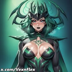 ai_generated alternate_costume artist_name bangs black_lips blue_eyes blush breasts cape cleavage closed_mouth crown female gradient gradient_background green_eyes green_hair green_lips hela hela_(marvel_rivals) hi_res high_resolution large_breasts looking_at_viewer makeup marvel_rivals shiny shiny_clothes shiny_hair shiny_skin short_hair solo sweat tattoo upper_body vexnflex watermark