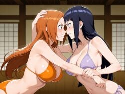2girls ai_generated big_breasts bikini bleach breasts catfight crossover female fight head_to_head hyuuga_hinata inoue_orihime long_hair naruto naruto_(series) orange_hair stare yuri
