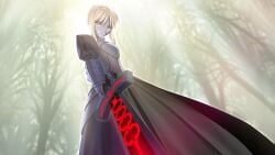 1girls armor expressionless fate/stay_night fate_(series) forest golden_eyes saber saber_alter solo sword yellow_hair