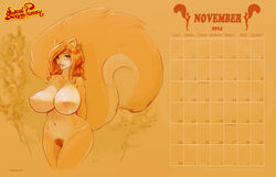 2014 absurd_res anthro areola big_breasts big_tail breasts brown_hair female fur hair hi_res huge_breasts lips long_hair looking_at_viewer mammal navel nipples nude penny_flynn pubes pussy rodent smile solo squirrel standing voluptuous wide_hips yellow_fur zaftigbunnypress