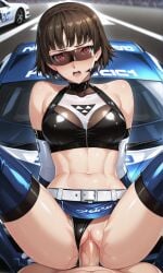 1boy 1girls ai_generated atlus belt beltskirt black_latex black_latex_panties black_latex_top blue_latex blue_latex_thighhighs blue_skirt blunt_bangs blush breasts brown_eyes brown_hair car collared_shirt crop_top crown_braid elbow_gloves embarrassed exposed_midriff exposed_shoulders exposed_thighs eyebrows_raised japanese_female latex latex_crop_top latex_elbow_gloves latex_gloves latex_panties latex_skirt latex_thigh_boots latex_thighhighs legs_up light-skinned_female light_reflection light_skin looking_at_viewer makoto_niijima male_pov megami_tensei microphone mini_skirt miniskirt nude_male open_mouth panties panties_aside penis penis_in_pussy persona persona_5 persona_5_royal pussy_juice race_queen sega shin_megami_tensei shiny_body shiny_skin shiny_thighs short_hair sitting_on_car skirt_up sleeveless sun_visor sunglasses teeth_showing thigh_boots thighhighs toned_stomach tongue translucent translucent_clothing translucent_latex translucent_topwear vaginal_fluids vaginal_penetration vaginal_sex wet_body white_belt white_latex white_latex_elbow_gloves