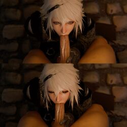 blender blender_eevee blowjob blue_eyes closed_eyes clothed clothed_male clothing eye_contact fellatio hand_on_penis hi_res highres huge_cock kneeling large_penis long_penis lucsorola male male_focus medium_hair muscular_male naked_male nier nier_(character) nier_(series) nier_replicant on_knees oral oral_sex partially_closed_eyes pov pov_crotch saliva saliva_trail spit sucking_penis sucking_tip tan_body tanned_male tavern tavern_background tears unseen_male unseen_male_face veiny_penis voyeurism white_hair