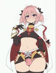 1boy ai_generated astolfo_(fate) black_bow black_gloves black_skirt black_thighhighs blush bow braid bulge cape erection erection_under_clothes fate/grand_order fate/stay_night fate/zero fate_(series) femboy feminine_male feminization fur-trimmed_cloak fur_trim gloves hair_ribbon heart heart-shaped_pupils long_braid long_hair looking_at_viewer male male_focus male_only midriff multicolored_hair navel oerba_yun_fang otoko_no_ko panties penis penis_in_panties pink_hair pink_panties purple_eyes ribbon simple_background single_braid sissy skirt solo sondu streaked_hair sweat symbol-shaped_pupils testicles thighhighs trap trembling twink underwear wavy_mouth white_background yaoi