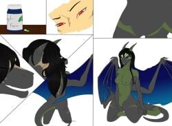 2016 anthro areola artist_name biped black_hair blowup_background blue_wings breasts closed_eyes colored comic countershade_neck countershade_tail countershade_torso countershading dragon dripping_pussy drugs female front_view genitals green_body green_countershading green_markings grey_body growth hair horn horn_growth human human_to_anthro kneeling mammal markings masturbation membrane_(anatomy) membranous_wings mythological_creature mythological_scalie mythology navel nipples non-mammal_breasts non-mammal_hair non-mammal_navel non-mammal_nipples non-mammal_pussy nude pill_bottle pills pink_sclera pupils pussy rear_view red_eyes scalie side_view simple_background sitting sitting_on_ground skye_(justanotherweirdguy) slit_pupils solo species_transformation spread_legs spreading standing tail text theeldertrinity three-quarter_view transformation transformation_sequence vaginal_masturbation vaginal_penetration white_background wings