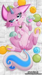 blue_eyes blush breasts equine feline feline female feral fur horn hybrid lego looking_at_viewer mammal nipples pink_fur pussy solo the_lego_movie tongue tongue_out unicorn unikitty wastedtimeee