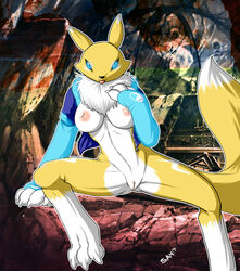 anthro bandai breasts digimon female nipples pussy renamon solo spreading thunder-renamon tongue