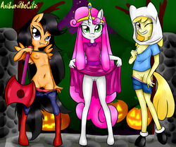 2014 adventure_time anibaruthecat anthro anthrofied apple_bloom_(mlp) black_hair blonde_hair breasts clothing costume cutie_mark_crusaders equine female finn_the_human flashing friendship_is_magic fur green_eyes group hair hair_on_head halloween holidays horn horse looking_at_viewer mammal marceline my_little_pony navel nipples one_eye_closed orange_fur outside pegasus pink_hair pony princess_bubblegum pussy scootaloo_(mlp) smile standing sweetie_belle_(mlp) unicorn white_fur wings young