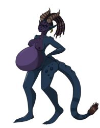 anthro big_belly big_breasts blue_eyes blue_lips blue_skin breasts ear_piercing female hidonredux horn lizard nipples piercing pregnant purple_skin pussy reptile scalie solo